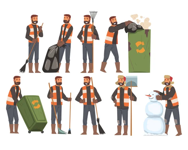 Conjunto de basura de barrido y recolección de conserje de hombre, personaje del personal de limpieza profesional masculino que usa chalecos naranjas, ilustración de vectores de servicio de la empresa de limpieza — Vector de stock