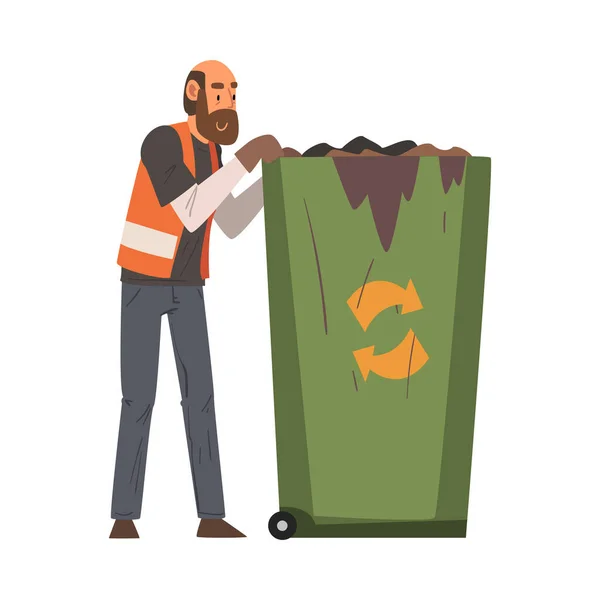 Homme concierge et poubelle contenant de recyclage, personnel de nettoyage professionnel masculin portant un gilet orange, entreprise de nettoyage Illustration vectorielle de service — Image vectorielle