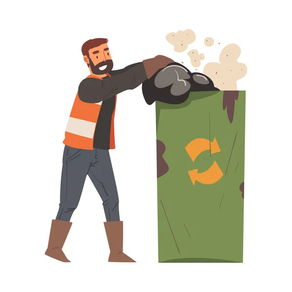 Man conciërge gooit vuilniszakken in Recycling Container, Man Professional Cleaning Personeel Karakter Dragen Oranje Vest, Schoonmaakbedrijf Service Vector Illustratie — Stockvector