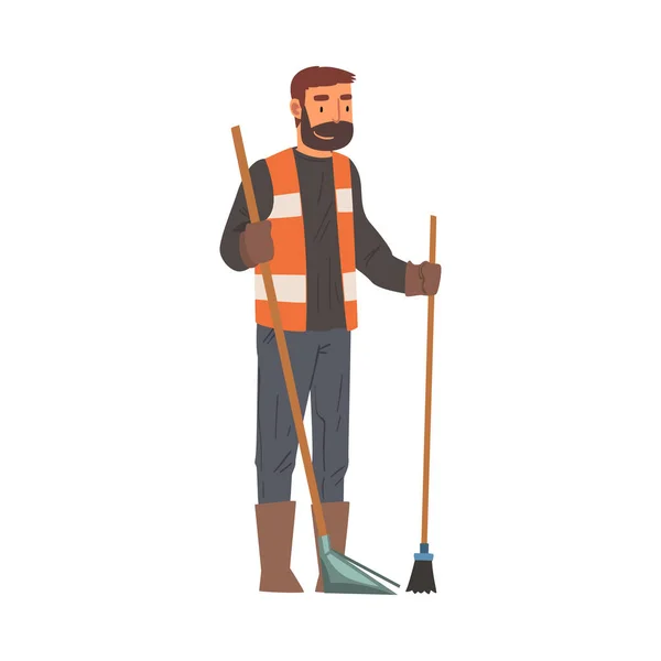 男清洁工用扫帚和铲子清扫，男专业清洁工用设备清扫，清洁公司服务载体说明 — 图库矢量图片