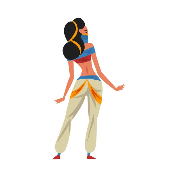 Bela princesa árabe em roupas tradicionais, Oriental conto de fadas personagem dos desenhos animados, Vista de trás Vector Ilustração — Vetor de Stock