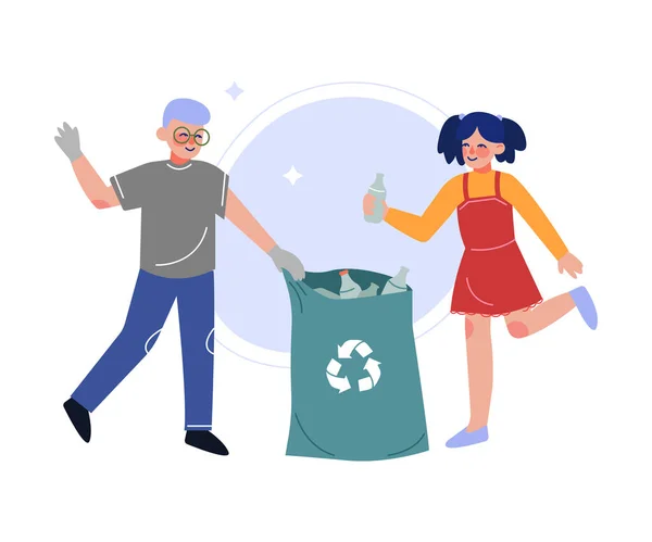 Chłopiec i dziewczyna zbieranie odpadów z tworzyw sztucznych do worka na śmieci, Dzieci zbieranie śmieci do recyklingu wektor Ilustracja — Wektor stockowy