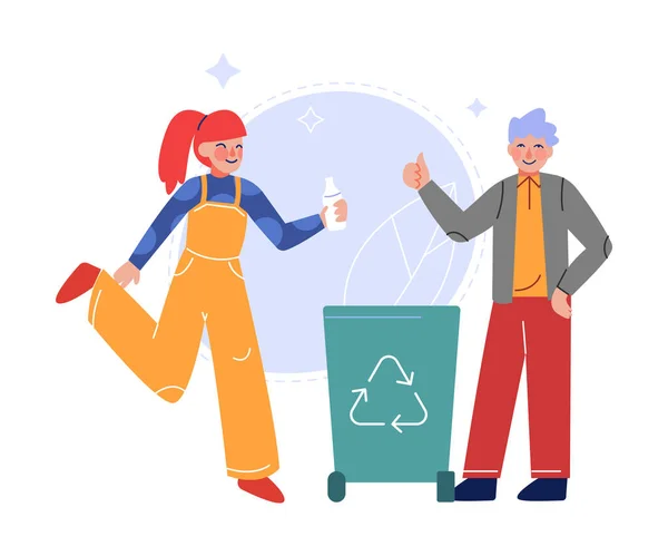 Niño y niña recogiendo residuos plásticos en la papelera, niños recogiendo basura para reciclar ilustración vectorial — Archivo Imágenes Vectoriales