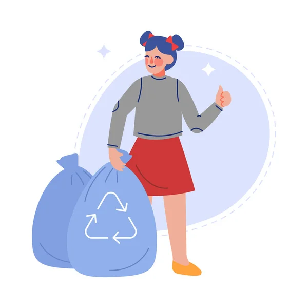 Girl Collecting Waste into Garbage Bag, Volunteer Saving and Protecting the Environment from Pollution Vector Illustration — Stock Vector