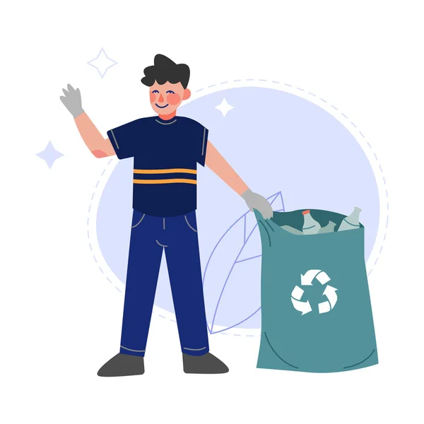 Niño recogiendo botellas de plástico en bolsa de basura, adolescente recogiendo basura para reciclar ilustración vectorial — Archivo Imágenes Vectoriales