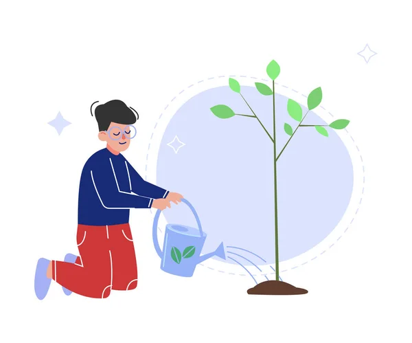 십 대 소년의 정원을 가꾸고 물을 주는 나무, 정원이나 공원에서 자원 봉사를 하는 어린이 — 스톡 벡터