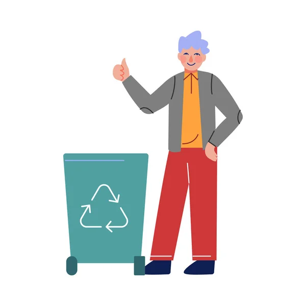 Ragazzo che raccoglie rifiuti di plastica nel cestino per riciclare, salvare e proteggere volontariamente l'ambiente dall'inquinamento Illustrazione vettoriale — Vettoriale Stock