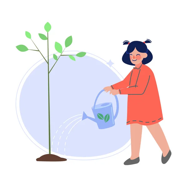 Mädchen gießen Baum mit Kanne, Kinder helfen im Garten oder Park Vektor Illustration — Stockvektor