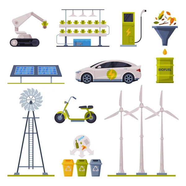 Eco Friendly Technologies Collection, Alternative Energy Production, Friendly Organic Farming and Ecological Transport Flat Vector Illustration — Stock Vector