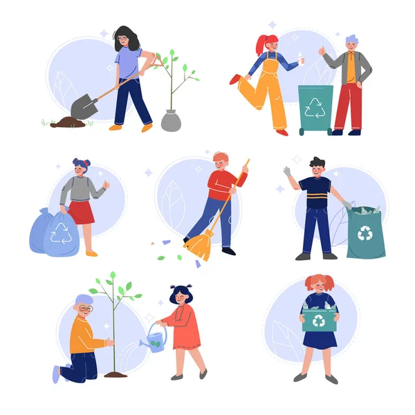 Volunteers Saving and Protecting the Environment from Pollution Set, Teen Boy and Girls Planting Trees and Collecting Plastic Waste for Recycling Vector Illustration Stock Vector