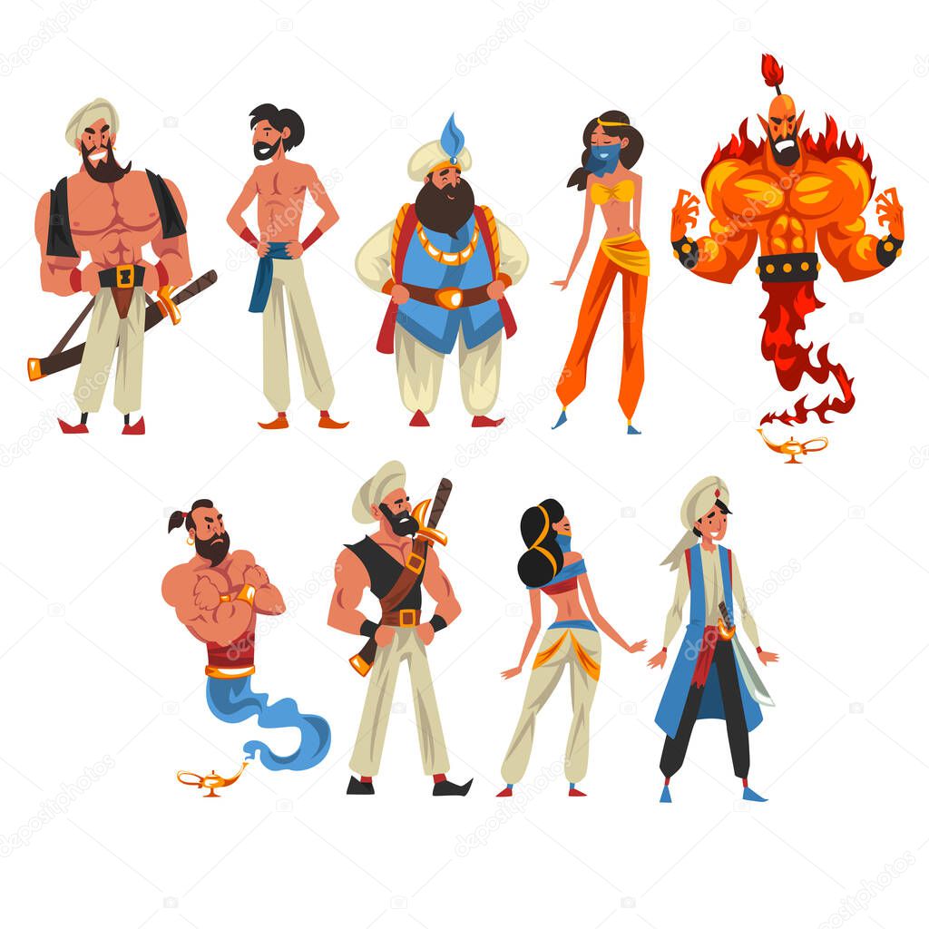 Oriental Fairy Tale Cartoon Characters Collection, Beautiful Arabian Princess, Sultan, Vizier, Aladdin, Fire Genie, Vector Illustration