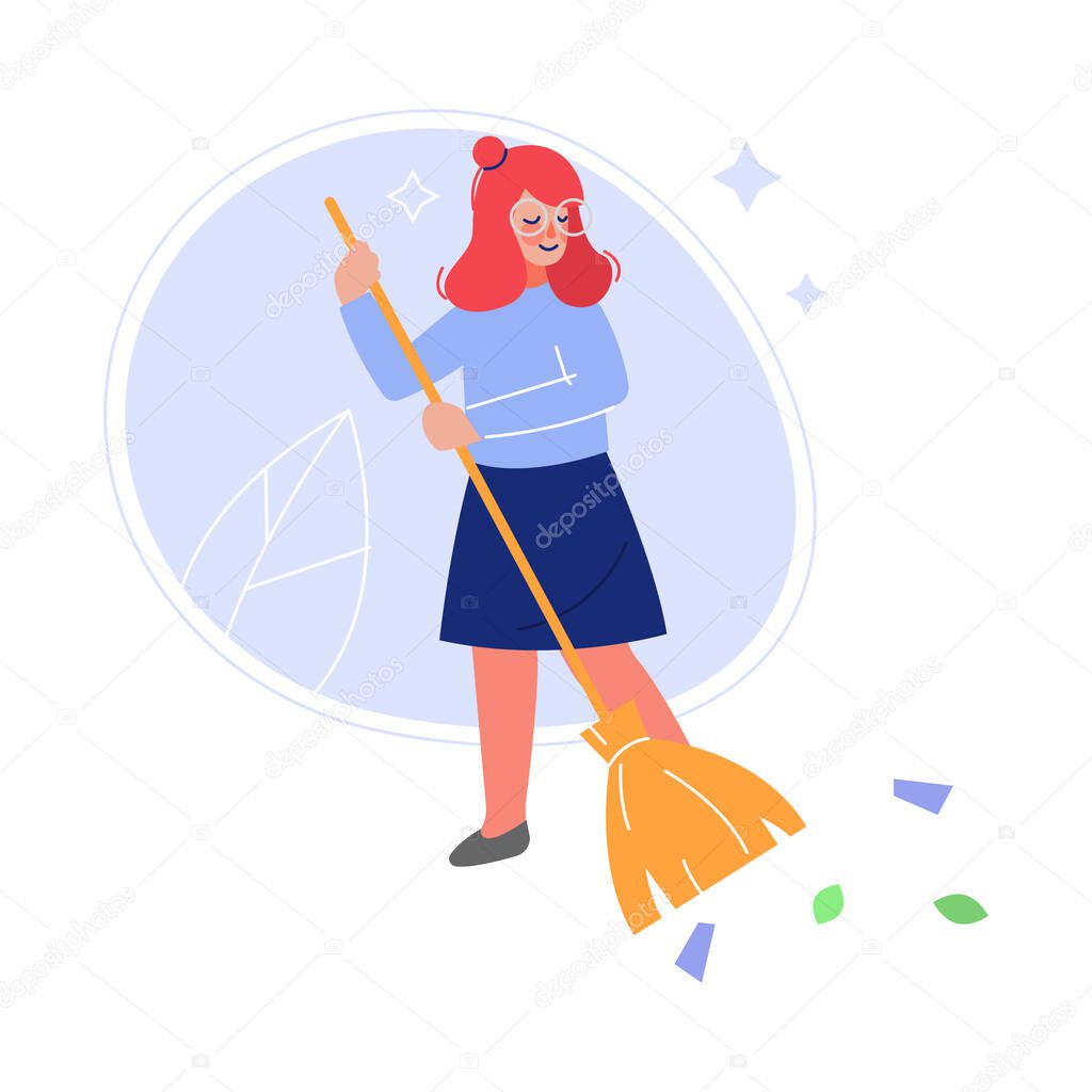 Volunteer Sweeping Outdoor with Broom, Girl Helping to Remove Autumn Leaves Vector Illustration