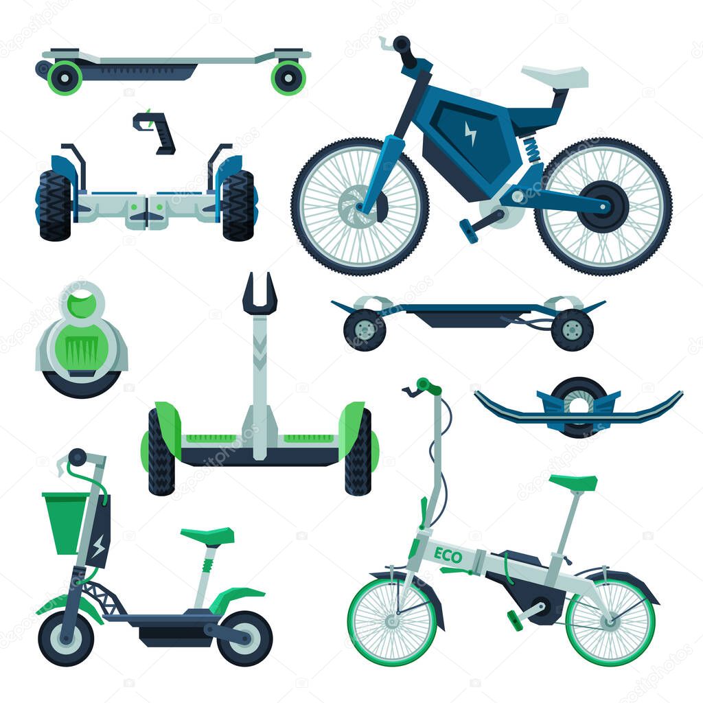 Personal Eco Friendly Electric City Transport Collection, Segway, Gyroscooter, Electro Bike, Monowheel Vehicles Vector Illustration