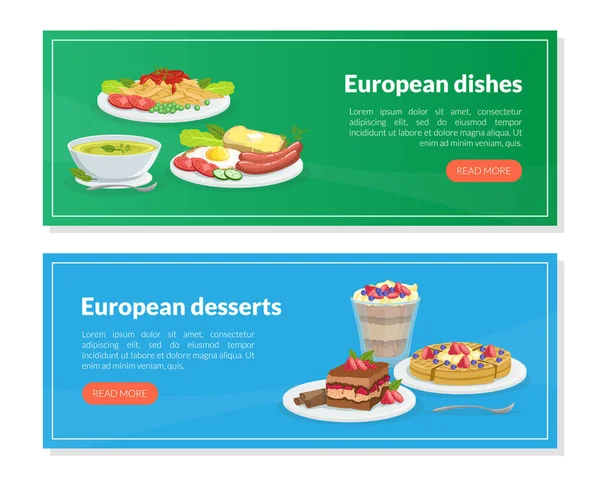 Plats et Desserts Européens Landing Page Templates Set, Cuisine Traditionnelle Européenne Page d'accueil, Site web Illustration vectorielle — Image vectorielle