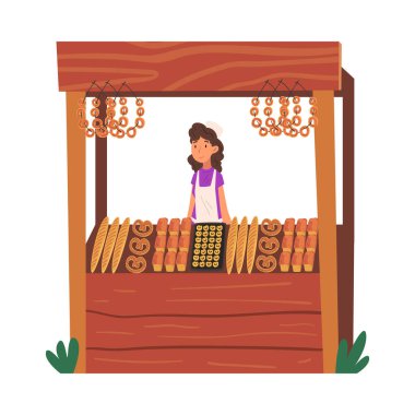 Neşeli Kadın Satıcısı Marketplace Vector Illustration 'da Tahta Dükkanda Lezzetli Ekmek Satıyor