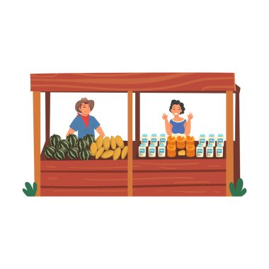 Taze Meyve ve Süt Ürünleri satan Çiftçiler Marketplace Vector Illustration 'da Ahşap Dükkanda