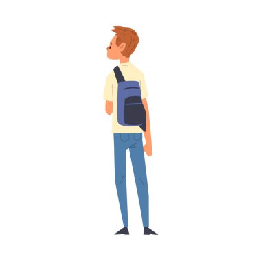Sırt çantalı genç adam, günlük giysiler içindeki adam, Vektör Resimlerinin Arkasından Görüntü