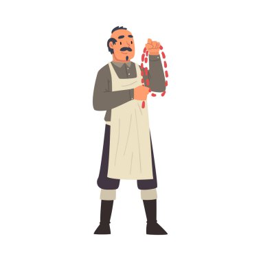 Neşeli Erkek Çiftçi Karakteri Pazar Yeri Vektör Resimlerinde Taze Sosis Satıyor