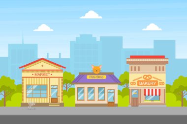 Pazar, Pets Shop, Pastane Fabrikaları, Şehir Sokağının Manzarası, Şehir Yazı Manzarası Vektör Resimleri