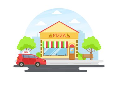 Pizza Kafe ya da Restoran Binası Cephesi, Şehir Caddesi Manzarası, Şehir Yazı Peyzaj Vektörü Resimleri