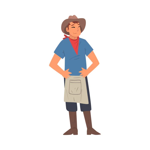 帽子、エプロン、ラバーブーツの陽気な男性農家のキャラクターベクトルイラスト — ストックベクタ