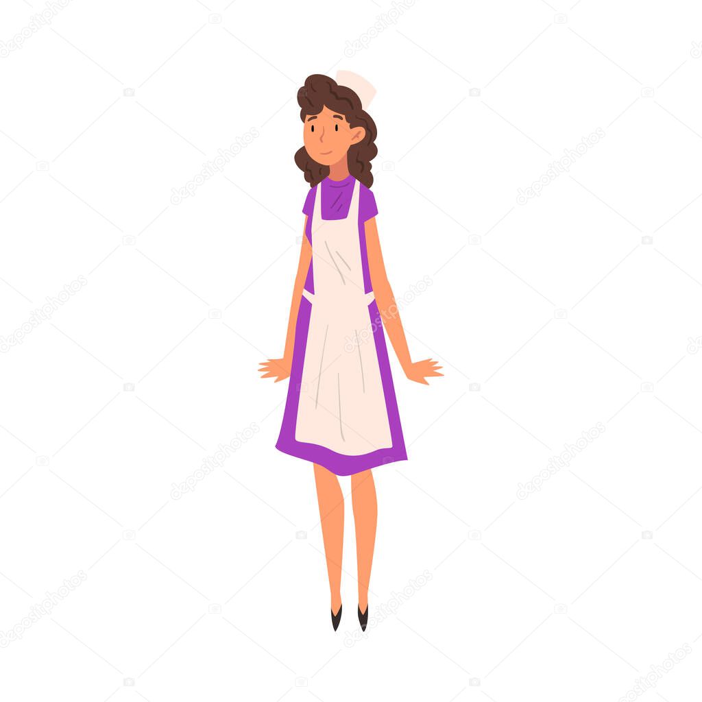 Cheerful Woman in Apron, Saleswoman Character in Apron and Cap Vector Illustration