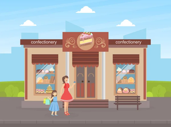 Snoepgoed winkel Gebouw gevel, Gezicht op City Street met wandelende mensen, Urban Summer Landscape Vector Illustratie — Stockvector