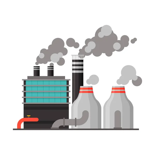 Usine de raffinage d'énergie, Bâtiment industriel avec cheminées fumeurs, Illustration vectorielle plate de pollution environnementale — Image vectorielle