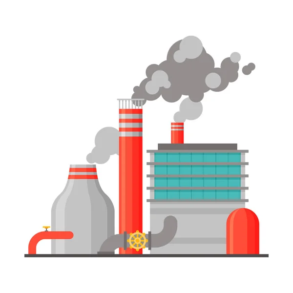 Usine de raffinage d'énergie Bâtiment industriel avec cheminées fumeurs Illustration vectorielle plate — Image vectorielle