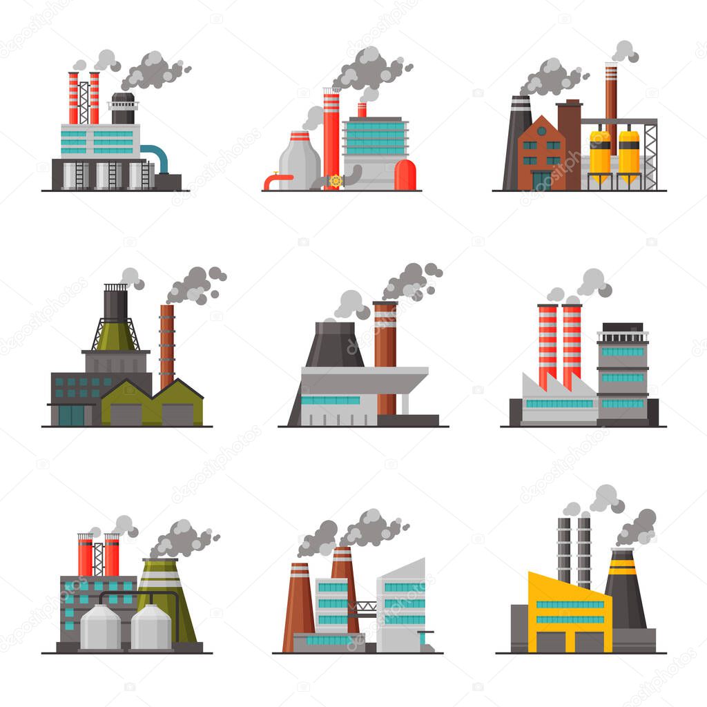 Power Plants Collection, Industrial Factory Buildings with Smoking Chimneys, Environmental Pollution Flat Vector Illustration