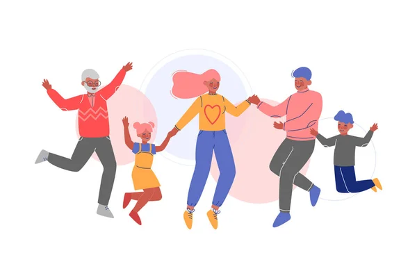 可爱的快乐家庭一起跳跃，父亲，母亲，女儿和儿子有一个有趣的病媒图解 — 图库矢量图片