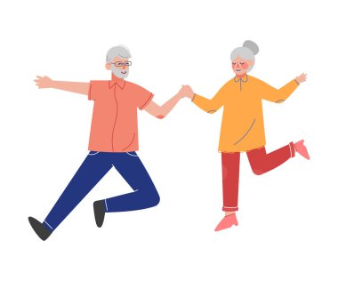 Yaşlı çift mutlu bir şekilde el ele tutuşuyor, dedem ve büyükannem birlikte eğleniyorlar.