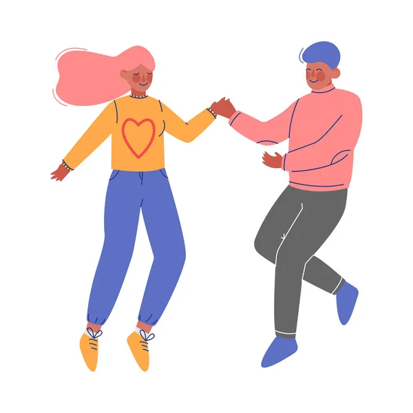 Couple heureux, jeune homme et femme heureux sautant tenant les mains Illustration vectorielle — Image vectorielle