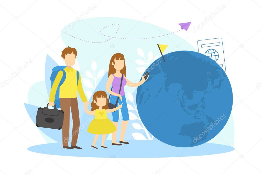 Family Travelling on Vacation, Mother, Father and Their Daughter Enjoying Trip Around the World Vector Illustration