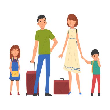 Tatilde Mutlu Aile Seyahatleri, Baba, Anne, Kız ve Oğul Çantalar Vektör İllüzyonuyla Ayakta Duruyor