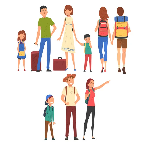 Lidé cestují a poznávání na dovolené, Happy Families and Couples with Luggage Vector Illustration — Stockový vektor