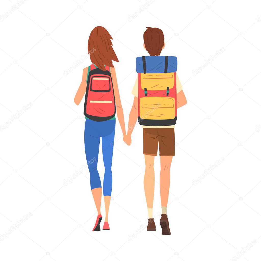 Happy Couple Walking Holding Hands, Tourists Travelling and Sightseeing with Backpacks, View from Behind Vector Illustration