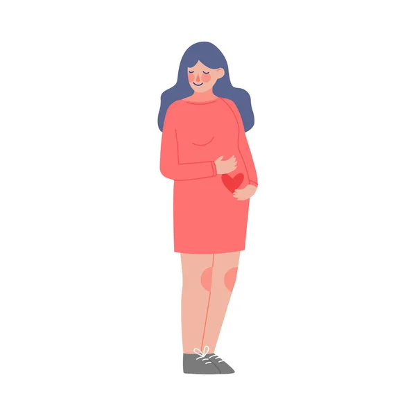 Schöne brünette schwangere Frau, die ihren Bauch berührt, Happy Parenthood Vector Illustration — Stockvektor