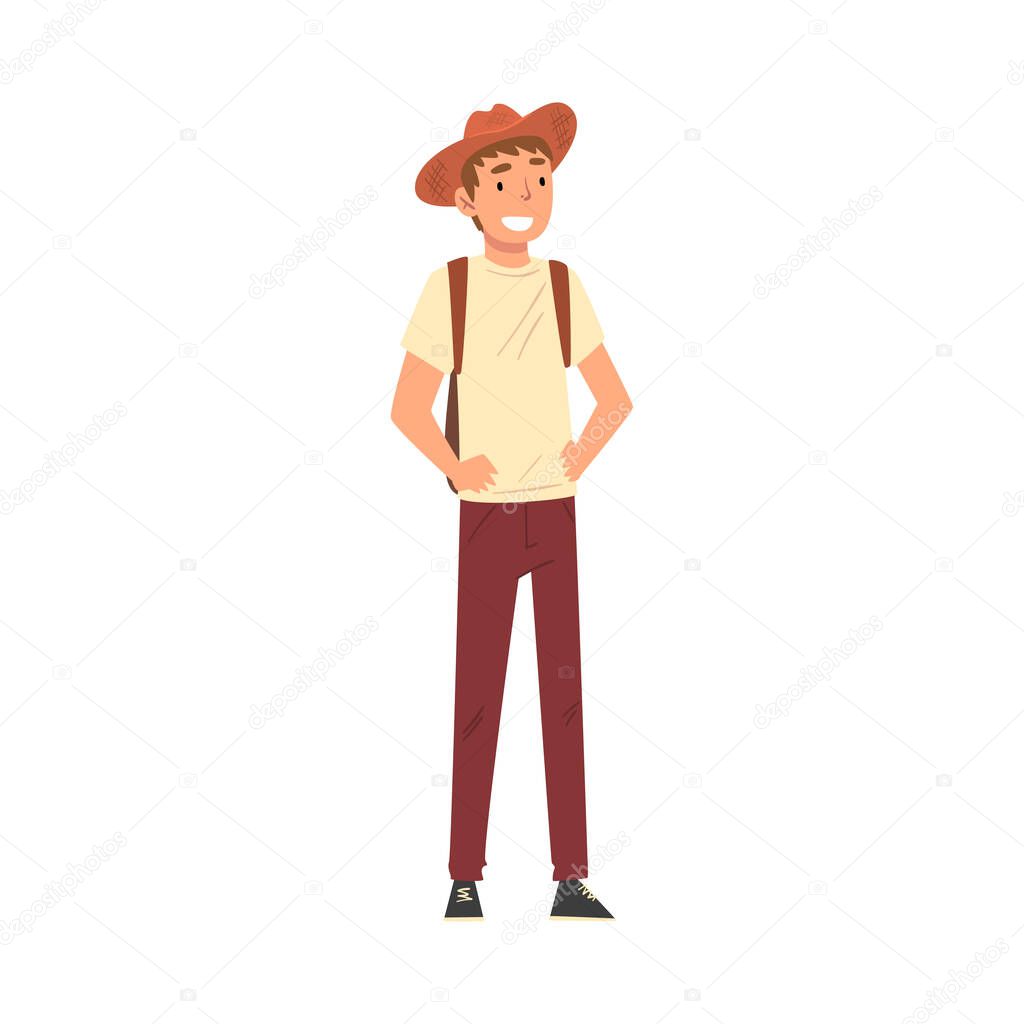 Male Tourist with Ba kpack, Smiling Young Man in Hat Travelling and Sightseeing on Vacation Vector Illustration