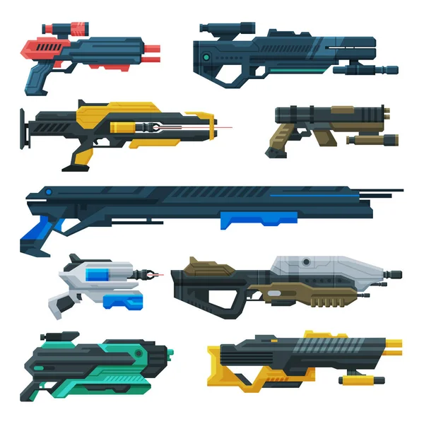 Futuristic Space Guns Blasters Collection, Fantastic Handguns, Alien Weapon Vector Illustration — Stock Vector