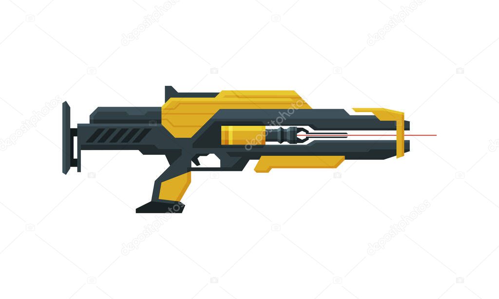 Futuristic Space Gun Blaster, Yellow and Black Fantastic Handgun, Raygun of Alien, Childish Pistol Vector Illustration