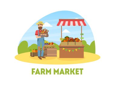 Çiftlik Pazarı, Neşeli Erkek Çiftçi Stall 'da Tente Vektörü illüstrasyonlu Sebze Satıyor