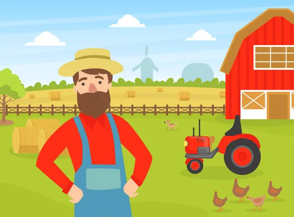 Veselý muž farmář na letní venkovské krajině, zemědělský dělník pracující na farmě Vektorové ilustrace — Stockový vektor