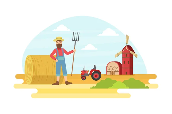 Granjero masculino alegre con horquilla en paisaje rural del verano, trabajador agrícola que trabaja en ilustración del vector de la granja — Vector de stock