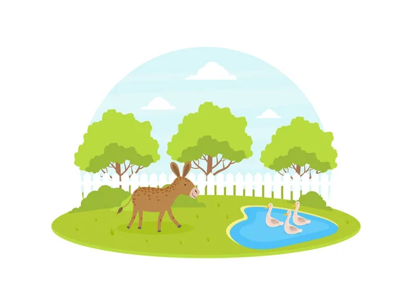 Animales de granja y aves en verano Paisaje rural, agricultura y agricultura Vector ilustración — Archivo Imágenes Vectoriales