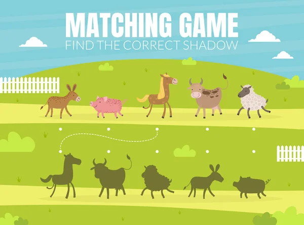 Vind de juiste schaduw, educatieve match spel voor kinderen met schattige boerderij dieren Vector illustratie — Stockvector