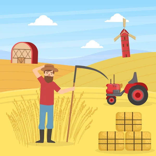 Farmář seká trávu se Scythe, zemědělský dělník pracující na farmě, podzimní venkovský krajinářský vektor ilustrace — Stockový vektor