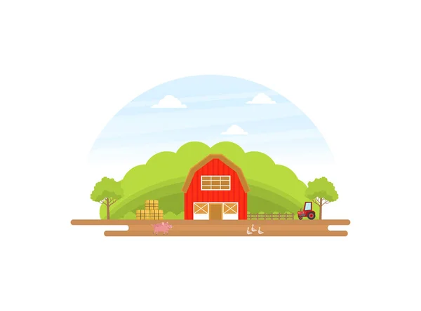 Zemědělství a zemědělství, letní venkovská krajina s červenou stodolou, traktor a vektorové ilustrace hospodářských zvířat — Stockový vektor