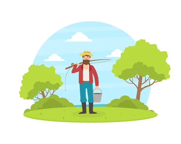 Fisherman Standing with Bucket and Fishing Rod on Background of Summer Rural Landscape Vector Illustration — Stock Vector