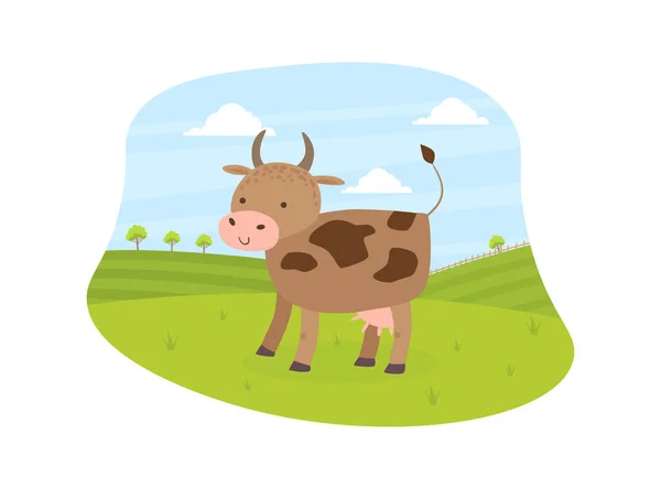 Kráva pasoucí se na louce, Letní venkovská krajina Vektorové ilustrace — Stockový vektor
